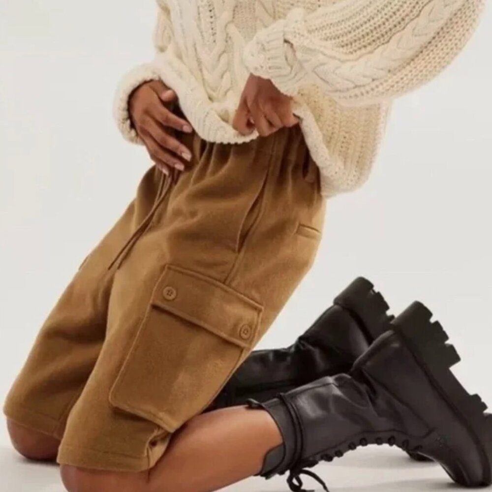 NWT Free People Charli Wool Longline Cargo Shorts Bronze Brown XL $148
